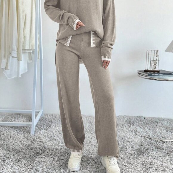 Multicolor Casual Women's Contrast Color Long Sleeve Sweater & Knitted Pants Set - Picture 3 of 6